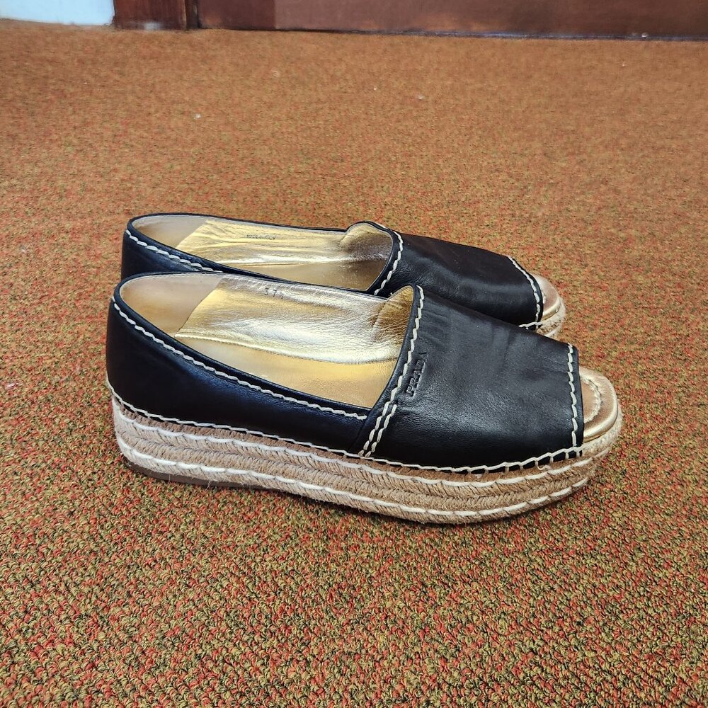 Prada Leather Espadrille Platform Open Toe Shoe